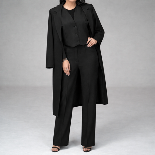 ست سه تکه مانتو دیپلمات و ژیله و شلوار زنانه فری سایز تا 44