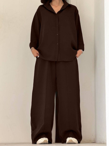 شلوار ریزشی قهوه ای زنانه پارچه وارداتی مدل بهار فری سایز تا ۴۴