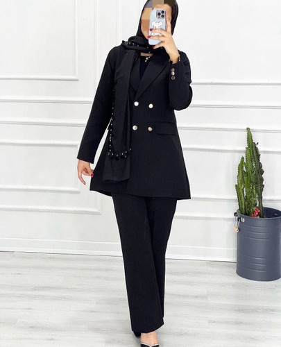 مانتو و شلوار کلاسیک زنانه مشکی مازاراتی گرم بالا فری سایز تا ۴۲ـ۴۴