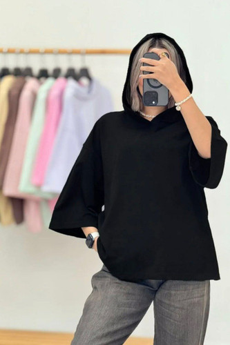 تیشرت بیسیک زنانه مدل باکسی کلاه دار برند ZARA